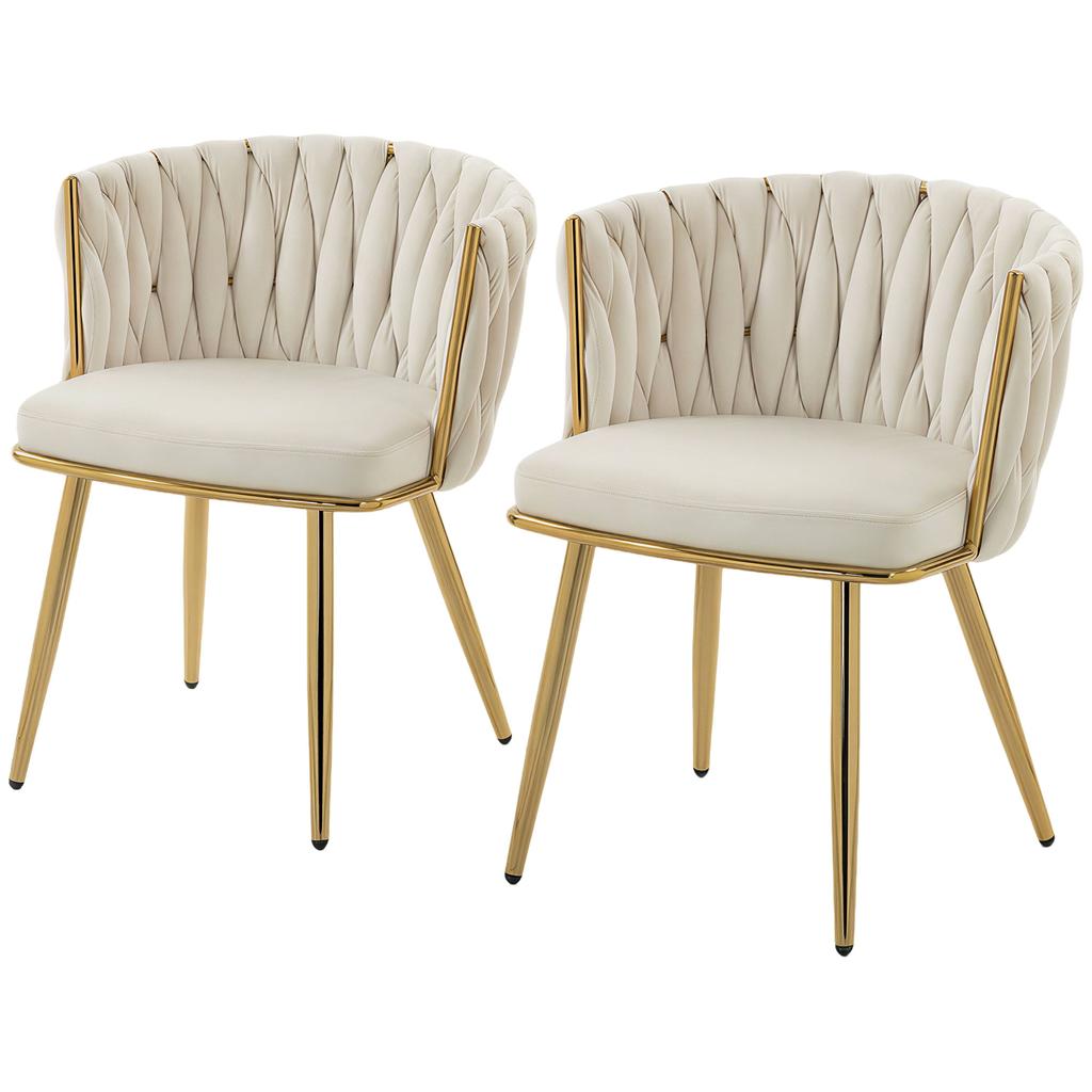 Dining Chairs, Set of 2, Velvet Upholstered, Braided Backrest, Armrests, Cream
