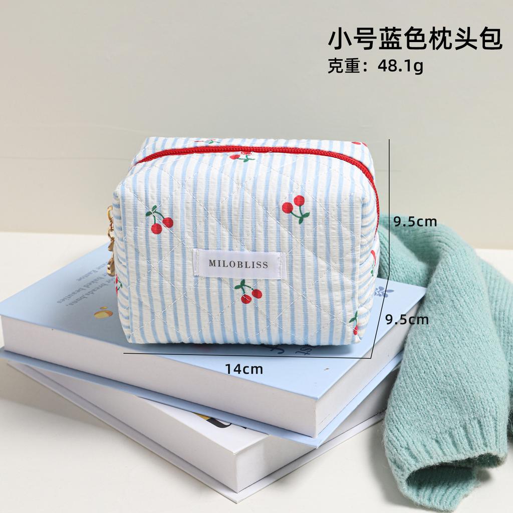 Bolsa de Maquiagem Fofa com Estampa de Laço Xadrez para Mulheres Meninas Estojo de Armazenamento Leve Acolchoado Cereja Bolsa de Cosméticos Estudante