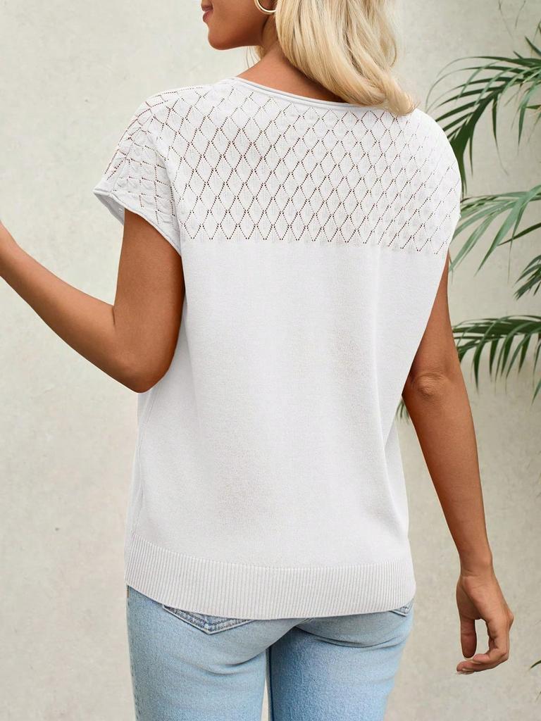Women's Crochet Knit Short Sleeve Sweater Top Crew Neck Summer Casual Pullover