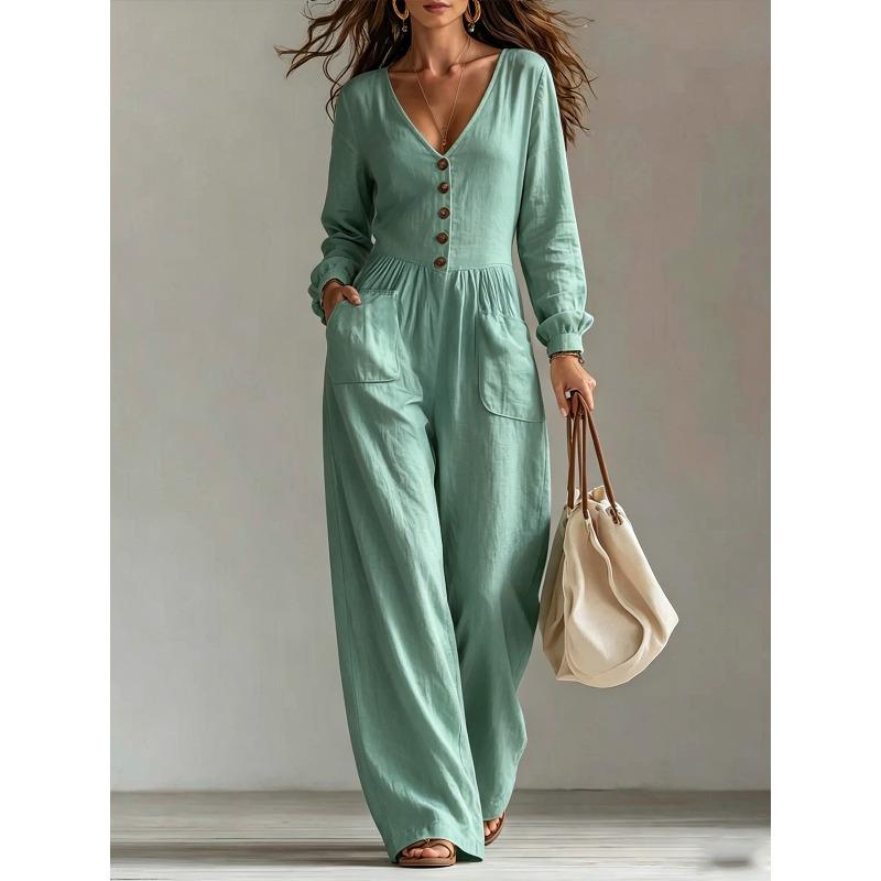QICED Women's Long Sleeve V-Neck Jumpsuit Fashion Casual Autumn Winter Suspenders trousers Jumpsuits & Rompers
