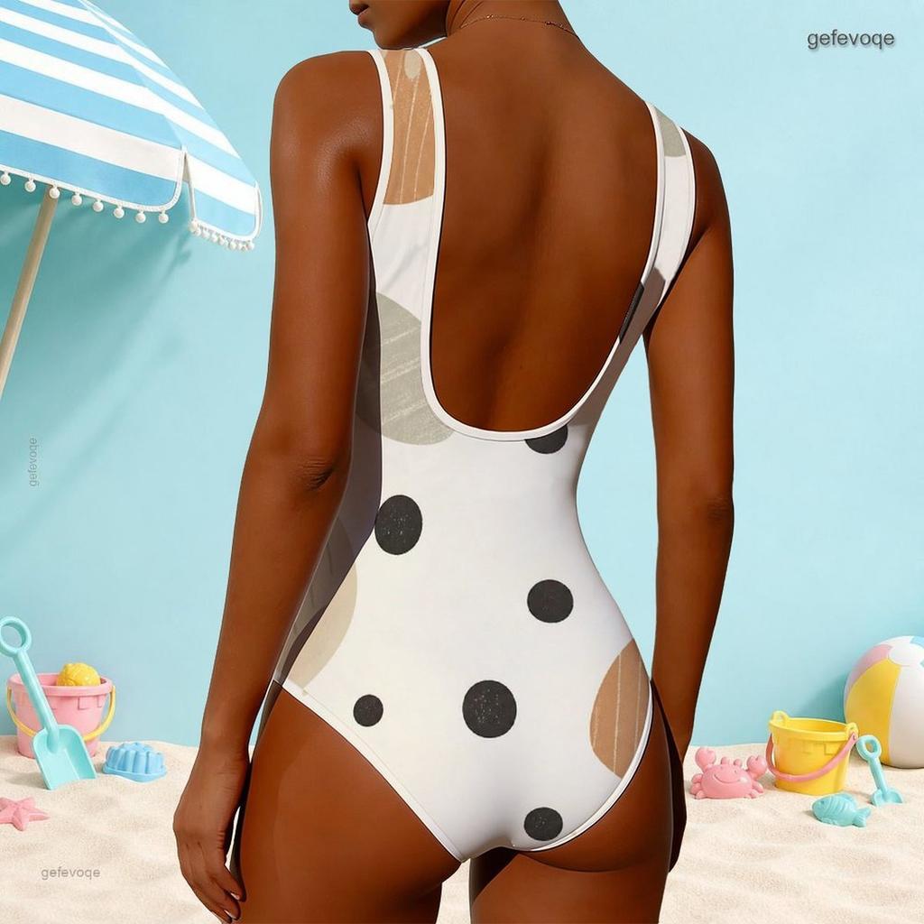 Women Plus Size High Round Neck Sleeveless One Piece Swimsuit Black White Grey Geometric Printed