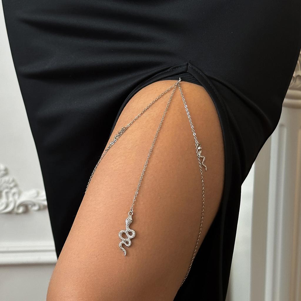 Sexy Metal Snake Pendant Tassel Thigh Chain Double Layer Elastic Beaded Body Chain Jewelry For Women
