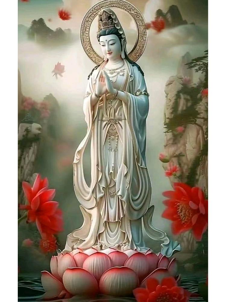 Farbige Buddha-Statue Guanyin DIY Stickerei Voll Quadratisch/Rund Diamant 5d Kreuzstickerei Mosaik Buddhistische Konzeption Lotus