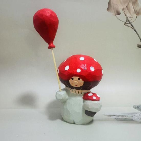 Wooden Mushroom Figurine Hand-Carved Mushroom Elf Holding A Balloon Rustic