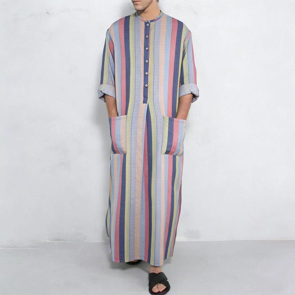 Southeast Asia Gradient Stripe Stand Collar Long Sleeve Muslim Robe for Men