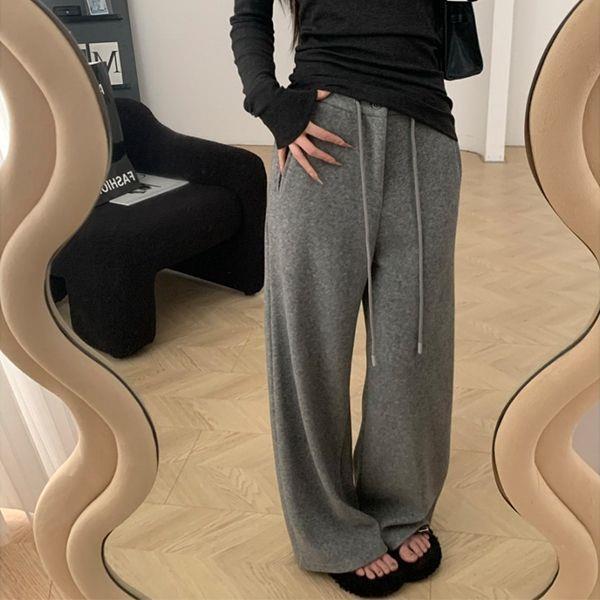 2025 Autumn/Winter Women's Elastic Waist Wide-Leg Drawstring Towel Pants - Thickened, Lazy Style, Casual and Straight Fit