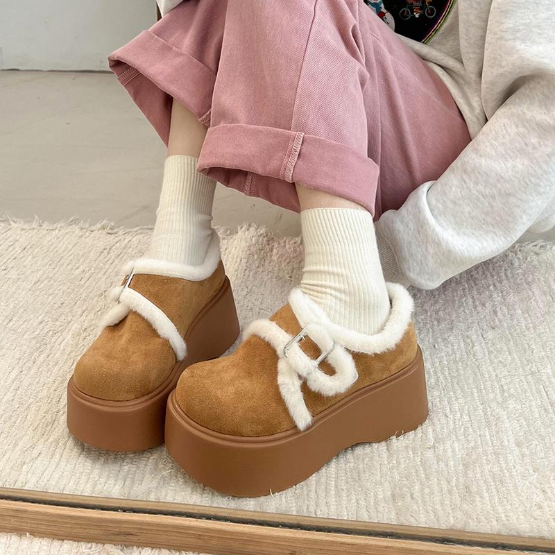 Automne Hiver Fourrure Femmes Bottes de Neige Élégantes Boucle Chaussures à Semelles Compensées Dames Extérieur Chaud Coton Bottines Courtes