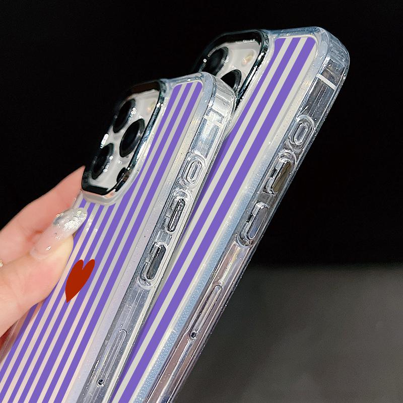 Stripe Heart Pattern Case For iPhone 17 18 Pro Max Plating Lens Frame Clear Soft Phone Cover For iPhone 16 15 14 13 Pro Max 17E