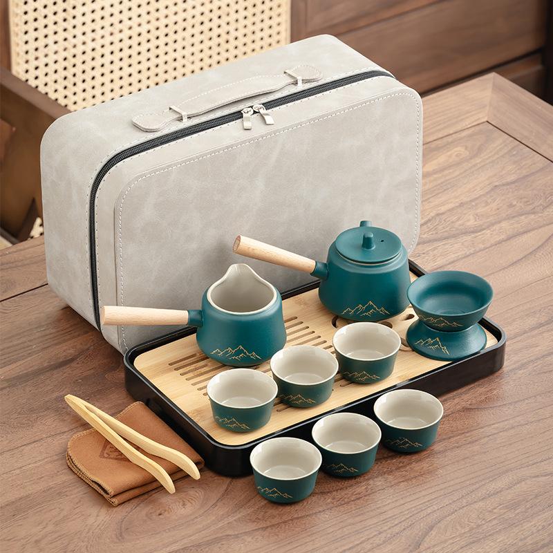 Japanese-style black pottery side handle pot tea set, household high-end ceramic tea set, teapot, teacup, tea tray, complete set of gift boxes