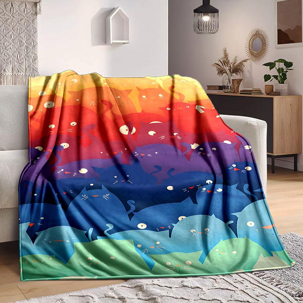 1pc Cat Rainbow Lightweight Flannel Blanket, Comfortable and Warm Blanket, for Office and Camping Sofa Bed, Livingroom129
