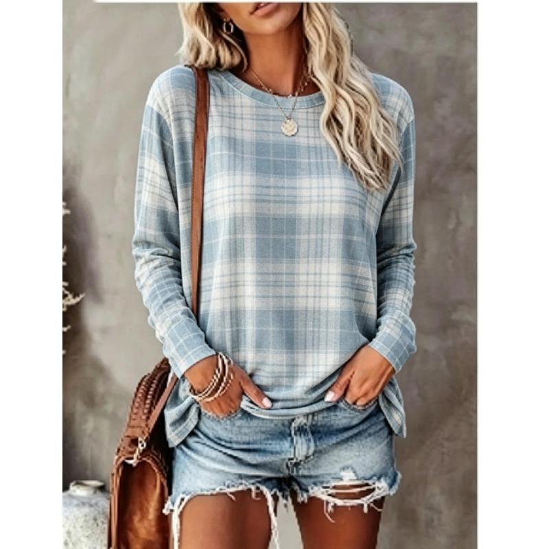Women Long Sleeve T‑Shirt Blue White Plaid Checkered Vintage Print Crew Neck Casual Fall Tops