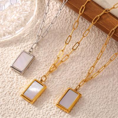 Simple White Sea Shell Square Pendant Necklace Titanium Steel Plated 18K Real Gold Niche Jewelry