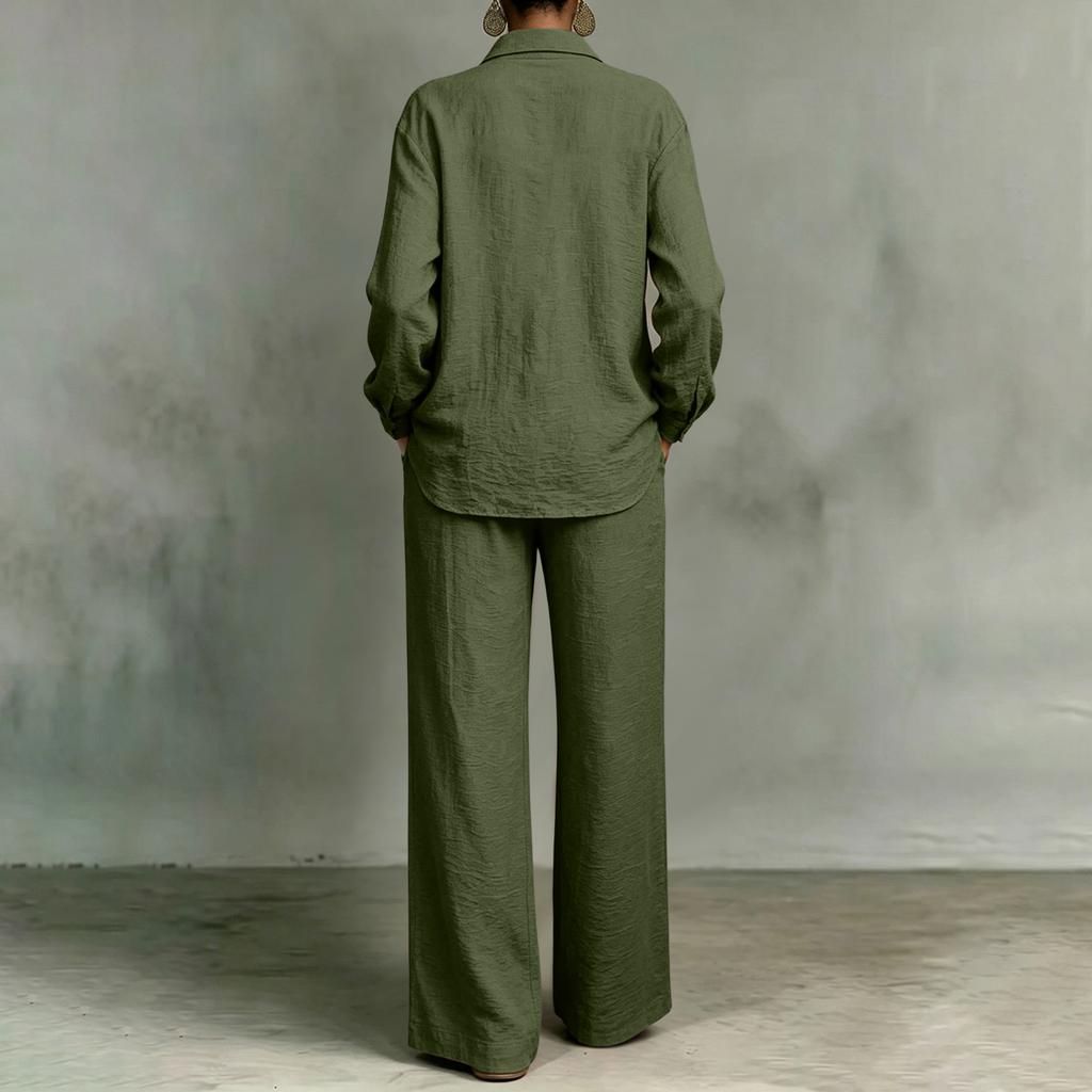 Women's Cotton Linen Loose Fit Shirt and Wide Leg Pants Set with Pockets
