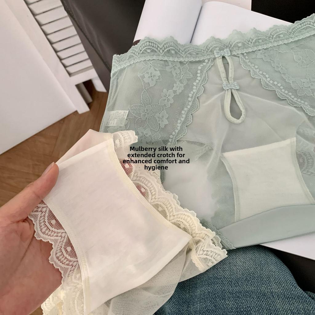 Ladies Summer Light Luxury Satin Hollow Lace Hip Ice Silk Quick Dry Middle Waist Triangle Briefs