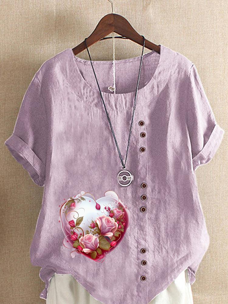 Women's Fashion Love Shaped Pattern Print Shot Sleeve T-shirt Loose Cotton Shirt Casual Loose Summer Plus Size Blouse Tops