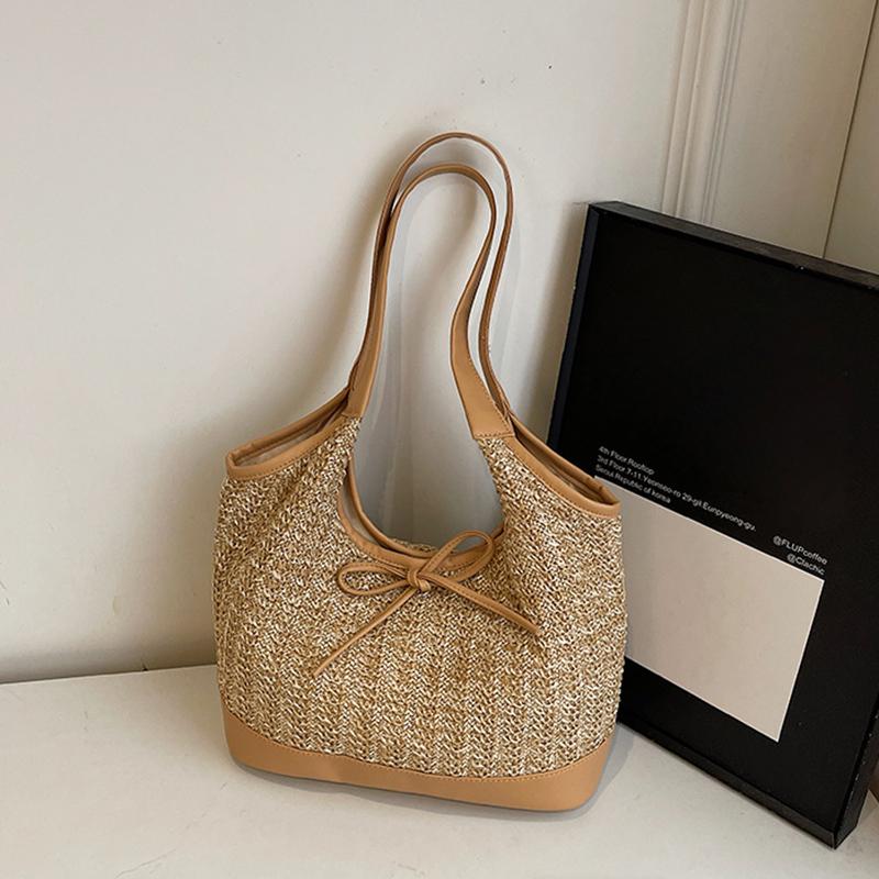 Women Straw Tote Handbag with Bow Weaving Travel Handbag Large Capacity Simple Shoulder Bag Female Woven Bag