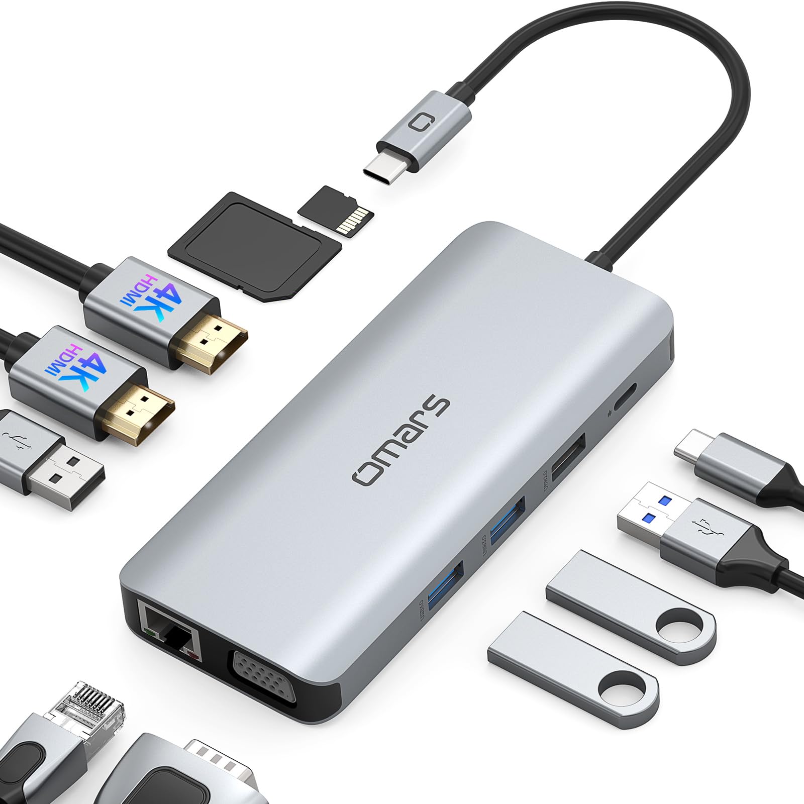 

USB-концентратор C для трех дисплеев Omars USB-концентратор типа C, док-станция HDMI 4K 100 Вт, быстрый MacBook Pro 11-в-1 [двойной HDMI/VGA/зарядка PD/1 Гбит/с Ethernet/4 USB-A