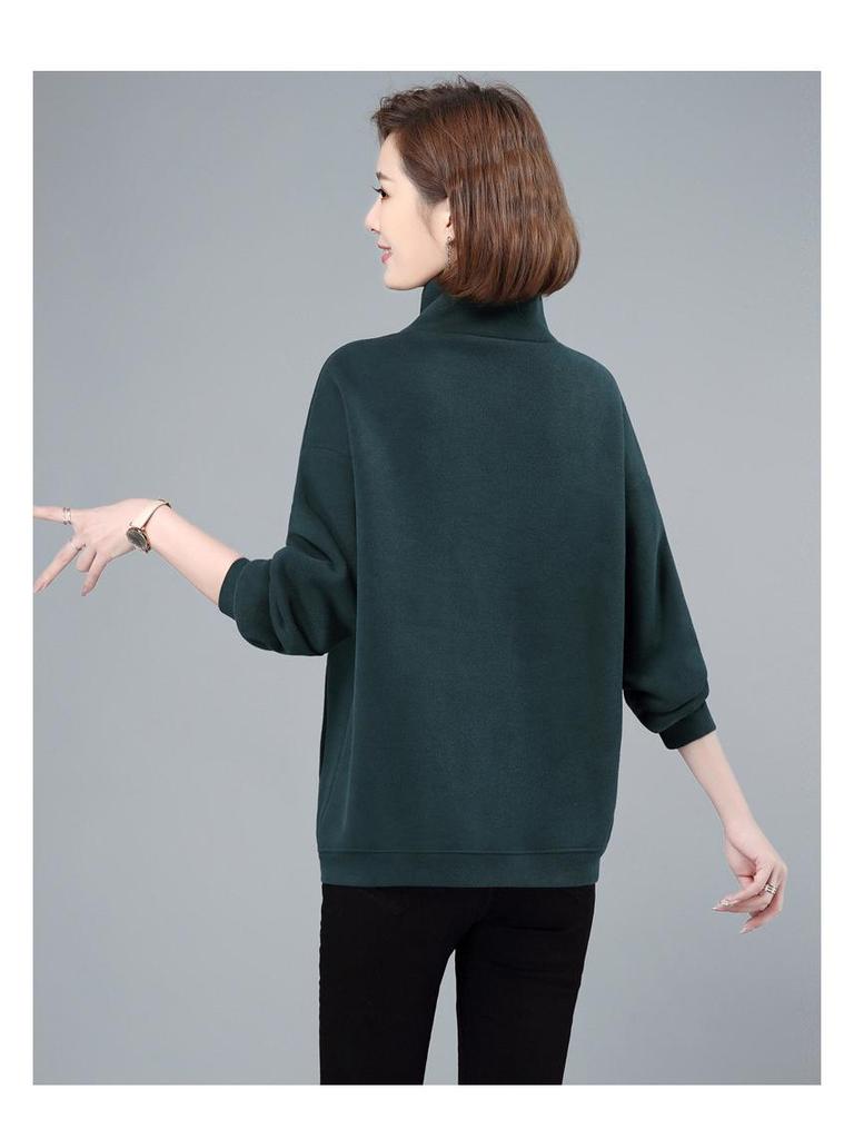 Women's Fleece-Lined Half-Zip Stand Collar Sweatshirt - 2024 Autumn/Winter Korean Style for Middle-Aged Moms