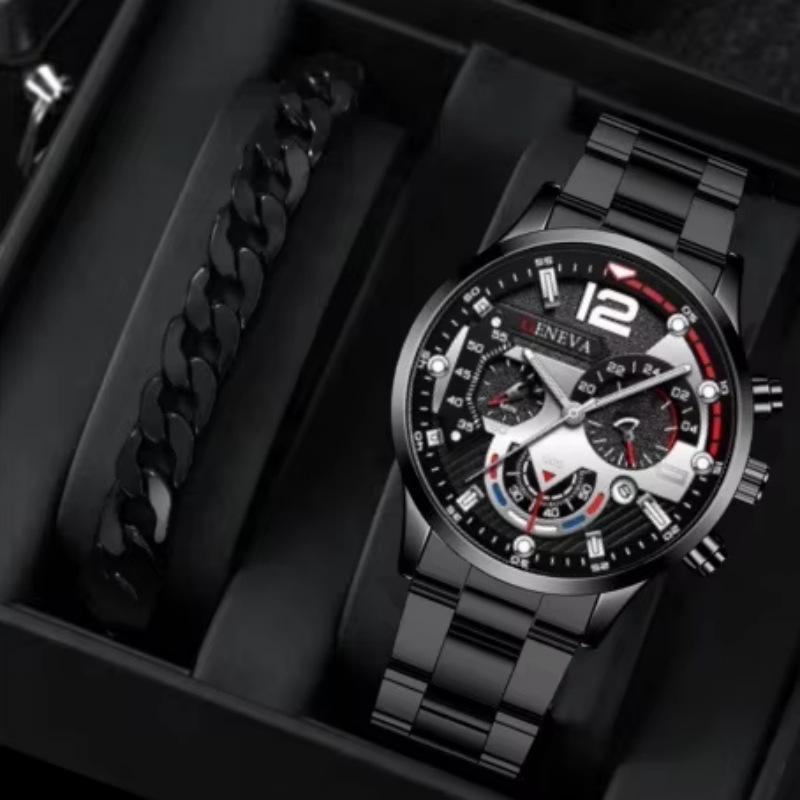 Geneva Men's Steel Band Fashion Calendar Wristwatch - Bestseller Personalized Business Set