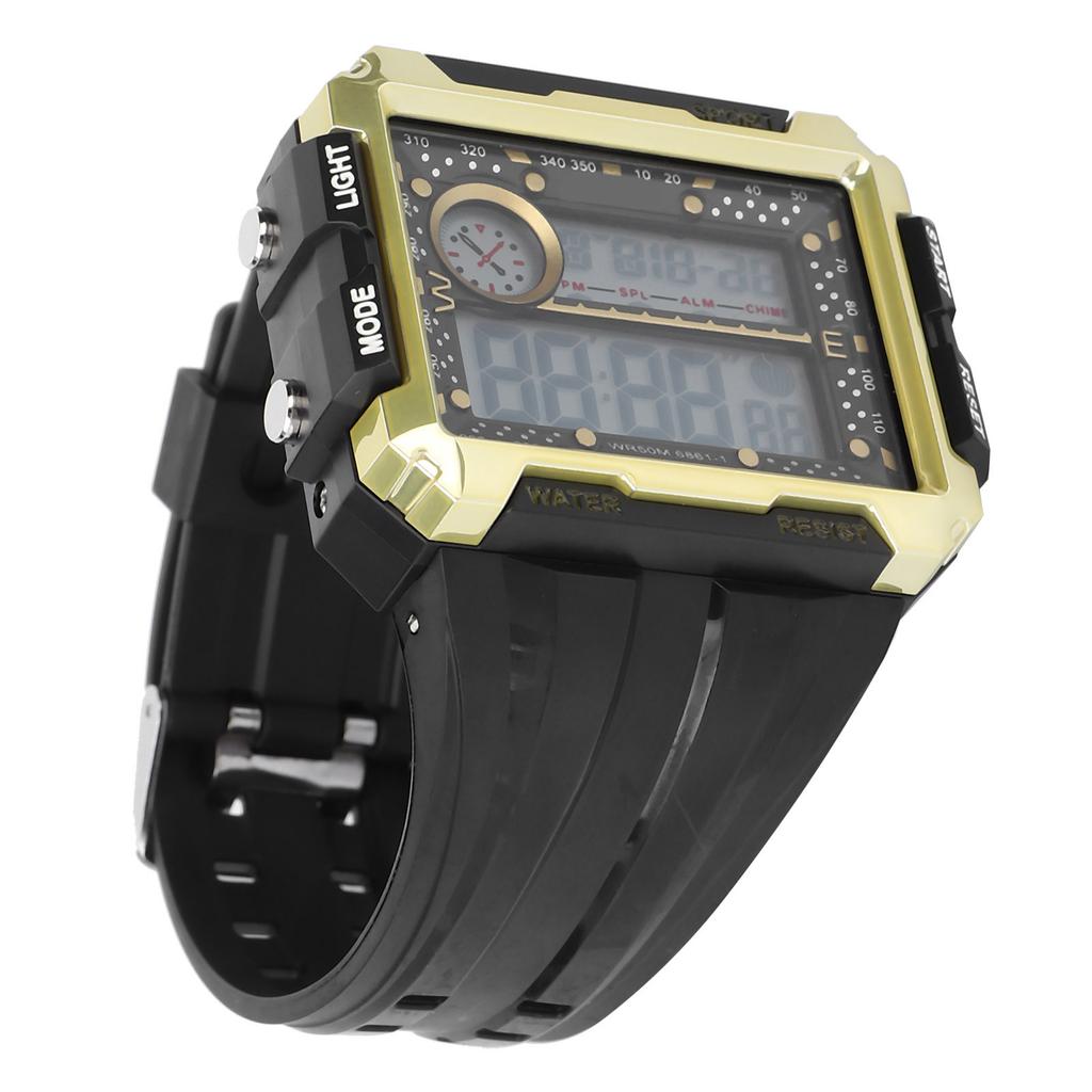 Men S Electronic Watch Night Light Waterproof Large Dial Dual Time Digital Sports WatchBlack Gold