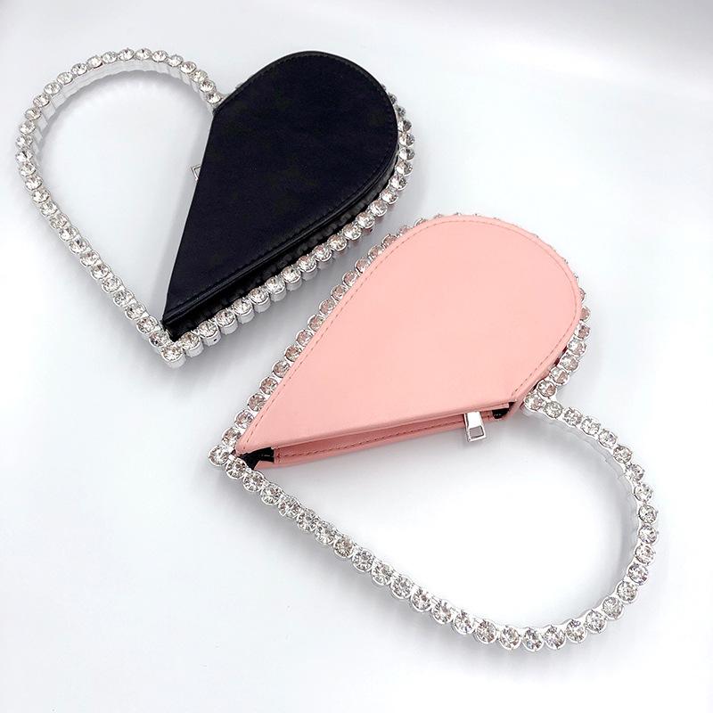 Clutch da Sera a Forma di Cuore Rosso con Diamanti Donna Designer Chic Strass Portafoglio Nero Festa Nuziale Sac A Main