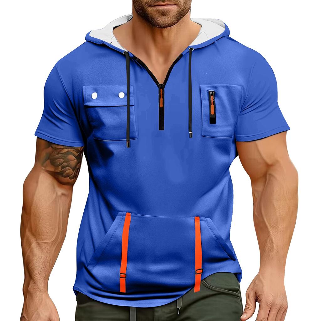 Men's Summer Shirt Zipper Pocket Short Sleeve Hooded Sweatshirt Men's Sports Large Size Casual Sweatshirt