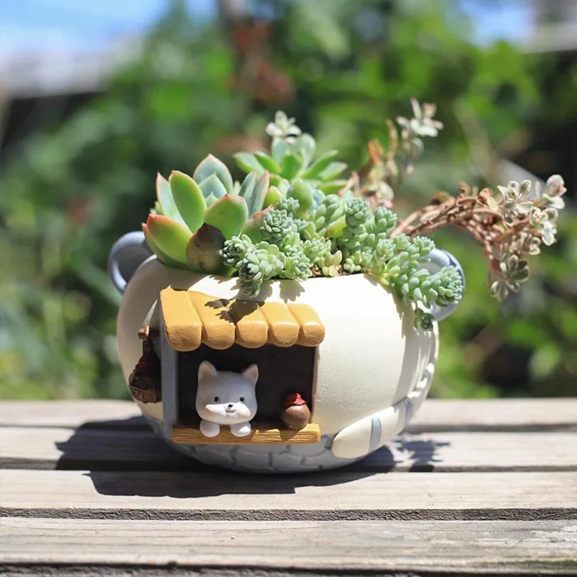 Small Flower Pot Creative Cute Pet Meaty Resin Flower Pot Decorative Ornament Fairy Garden Cat Fox Figurines Tabletop Decor