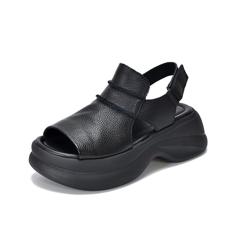 

Summer New Thick Bottom Fish Mouth Sandals Versatile Casual Retro Women s Top Layer Cowhide Beach Sandals 40 чёрный