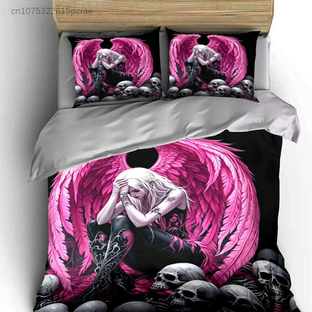 3PC Gothic Pink Angel Wings Print Bedding Set 3D Fallen Angel Duvet Cover Pillowcases Skull Skeleton Black Bed Linen