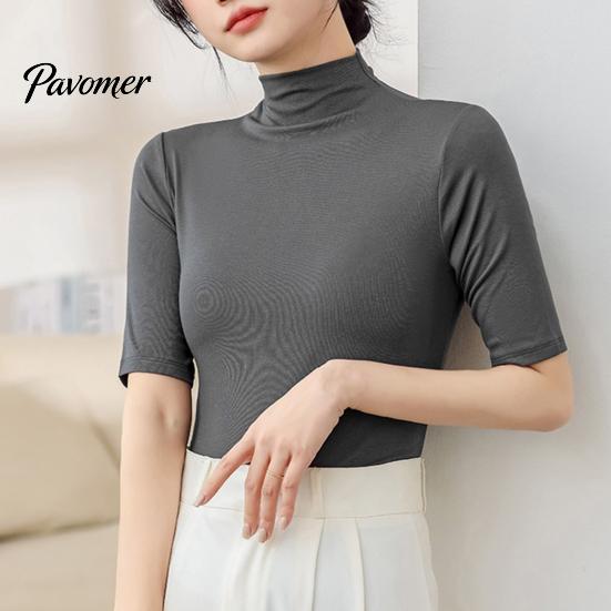 Pullover Top Summer Tops Turtleneck Solid Color Half Sleeve Slim Fit Smooth Women Shirt Wear Stretch Layer Comfy High Neck Daily Bottoming