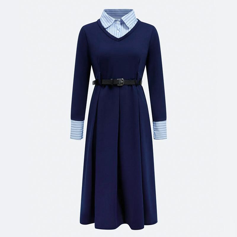 

Платье в стиле преппи Fake Two Slim с дизайнерским поясом-поло с лоскутным узором XL тёмно-синий