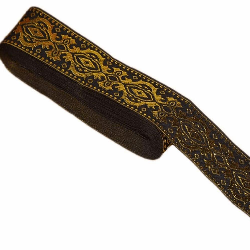 1.3 Inch Wide Jacquard Woven Fabric Ribbon White Black Gold Fringe Trim Ethnic Boho Floral Fabric Trim Flat Gold