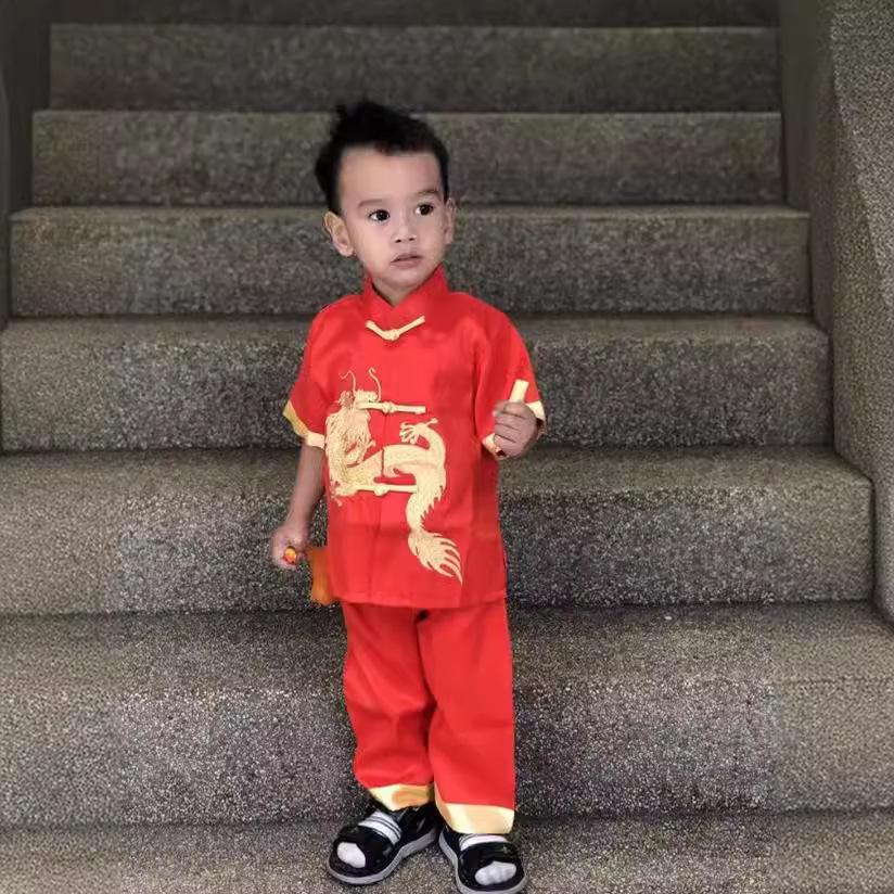 Children's Tang Suit Red Hanfu with Embroidered Dragon - Short Sleeve for Boys, Spring/Autumn