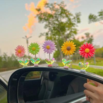 5Pcs Cartoon Car Interior Shaking Head Sunflowers Ornament Decoration with Spring Shake Head Decor Double-sided Tape