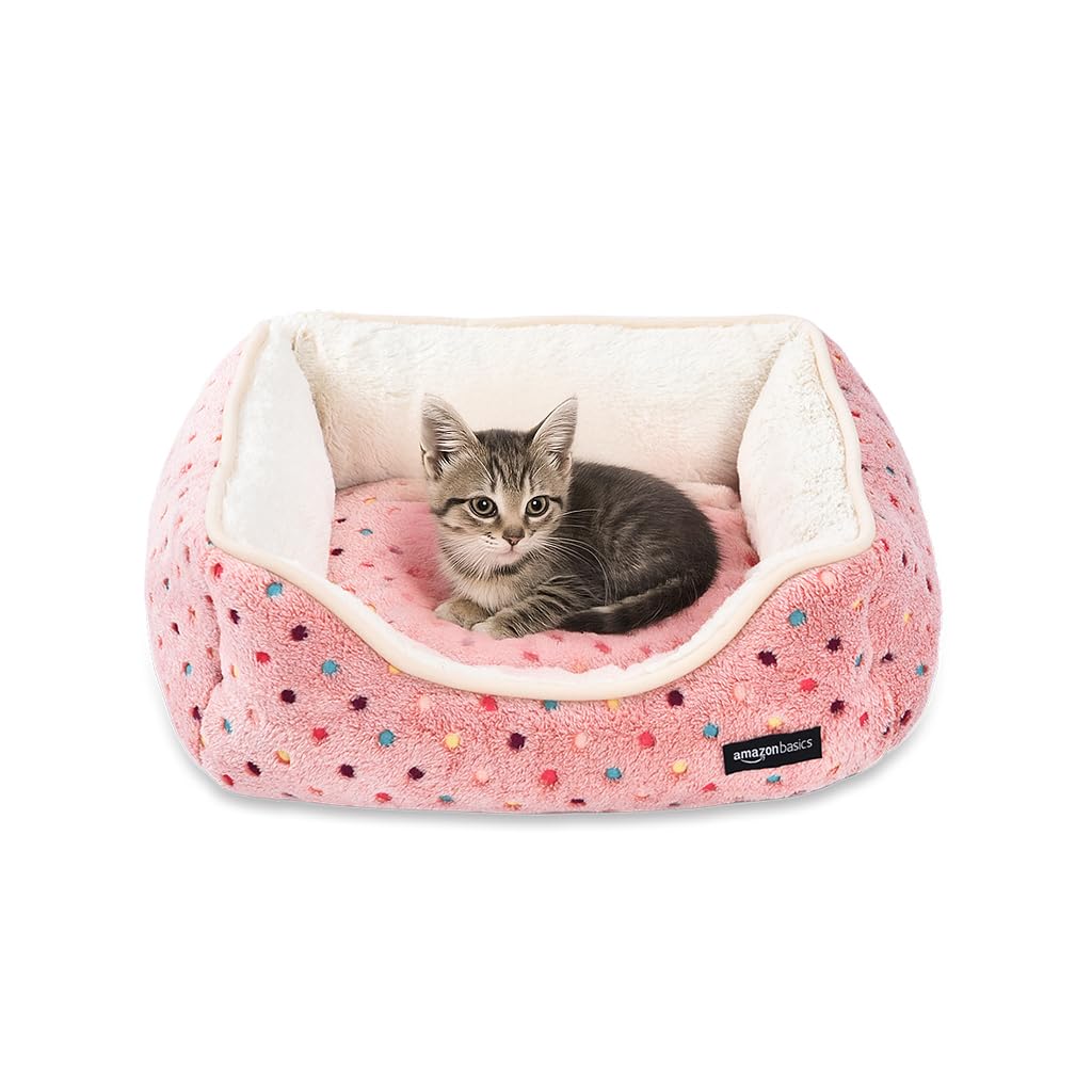 

Amazon Basics Small Square Pet Bed for Dogs and Cats, Fluffy and Warm, Polka Dot Pink, 47cm x 37cm x 13cm