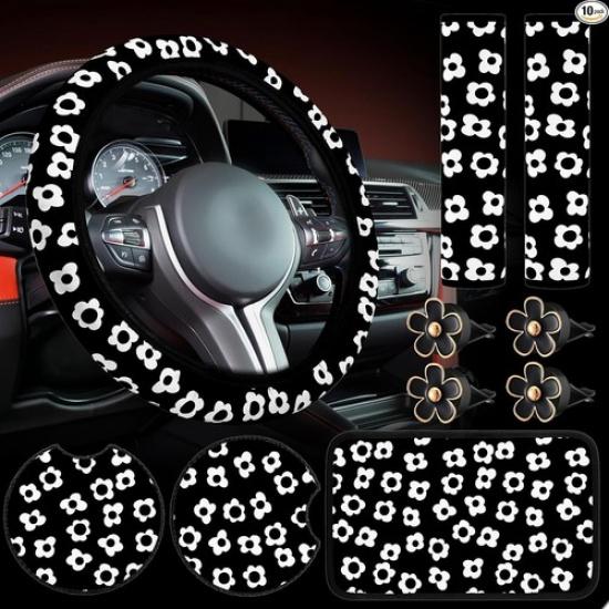 

10 Pcs Cute Flower Car Accessories Set Floral Steering Wheel Cover Flowers Black