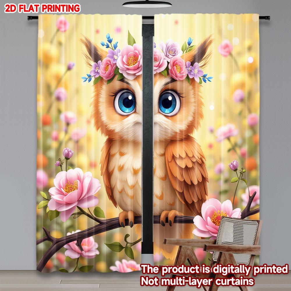 2D flat printing 2pcs Classic Christmas Curtains Spring Owl with Flowers Digital Printed Polyester Drapes Family Party for