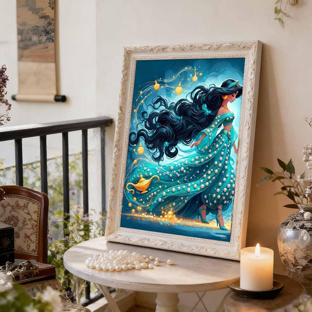 Classic Princess Jasmine Turquoise Pearl Dress Pearl Art Painting Aladdin Golden Magic Lamp Magic Light Belt Pearl Inlaid Frameless Craft Painting