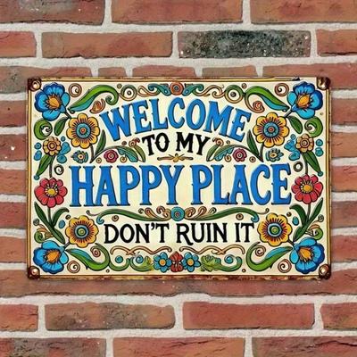 Vintage Happy Place Tin Sign Rustic Wall Art Bedroom Decor Floral