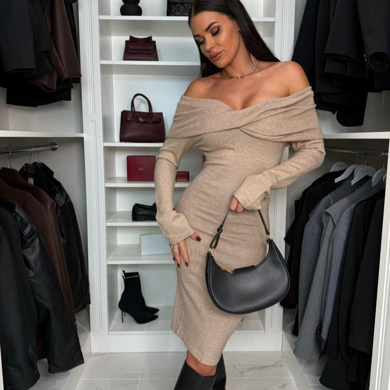 Autumn and Winter Long Sleeve Slash Neck Sexy Dress Women High Waist Slim Casual Dresses Women Solid Elegant Vintage Party Club Pencil Dress 25611