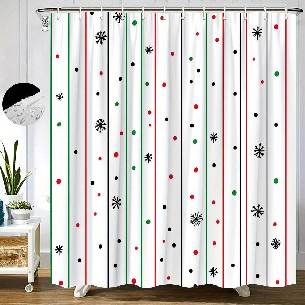 

Festive Snowflake Shower Curtain – Modern Holiday Stripes & Dots In Red/Green/Black On White, Waterproof Polyester, 12 Hooks W60H190(CM)-1 Pcs