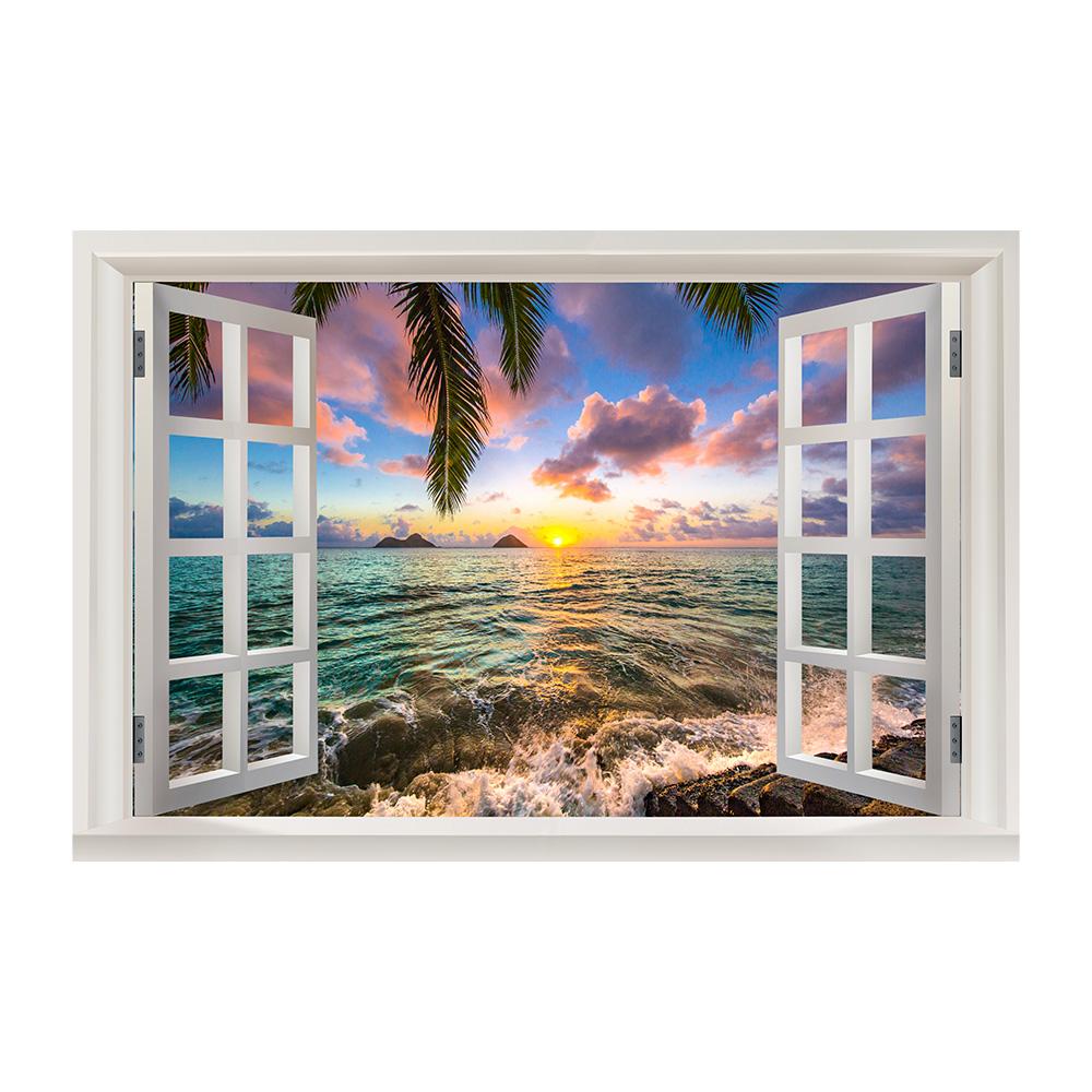 3D Window View Wall Art Beach Summer Beach Coconut Tree Wall Murals Print Art Canvas Poster For Living Room Pictur