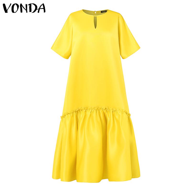 VONDA Oversized Women Round Neck Batwing Half Sleeve Party Long Pleated Dresses
