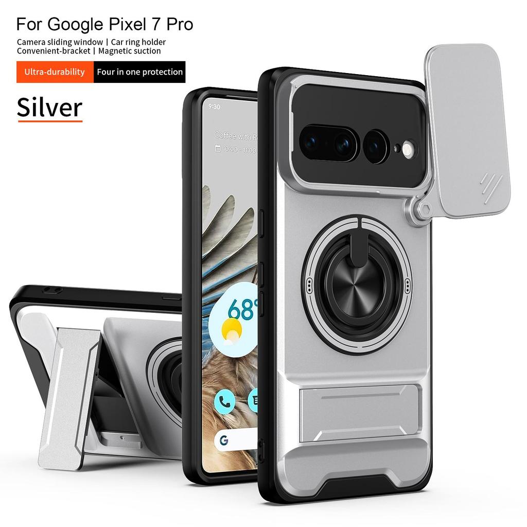 Sliding Camera Lens Cover for Google Pixel 7 Pro Case With Built-in Ring Stand Phone Case