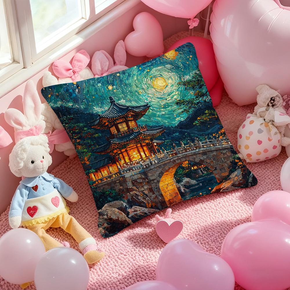 Korea Foguo Temple Cushion Cover Pattern Printed Pillowcase for Living Room Sofa Cushion Cover & Bedroom Decor