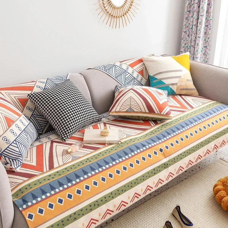 Cuscino per Divano in Cotone Lino Federa Universale per Tutte le Stagioni Copridivano Bohemien Motivo Geometrico Antiscivolo Asciugamano per Divanetto