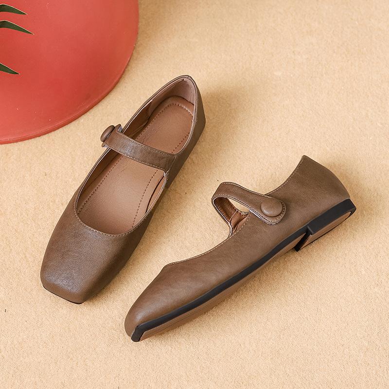 Autumn Square Head Mary Jane Shoes Women'S Burgundy Ballet Soft Leather Retro Versatile Literary Flat Shoes