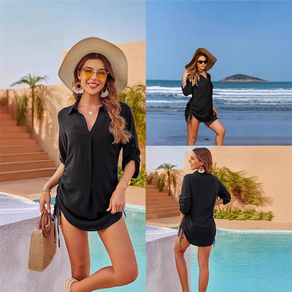 Women's Three Quarter Sleeve Shirt Turn Down Collar Business Casual Solid Color Beach Cover Up Tunic
