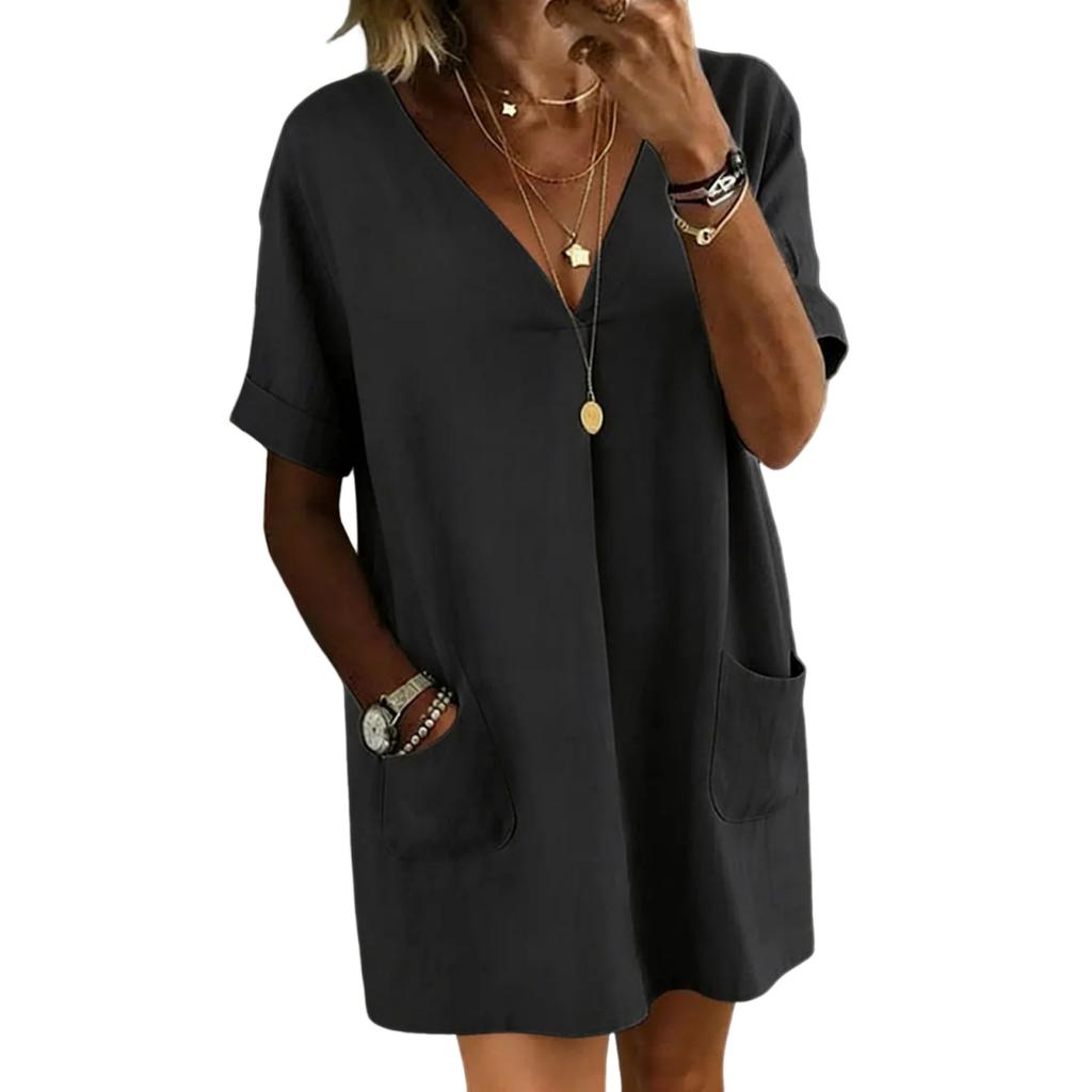 Women’s Loose Fit Short Sleeve Casual Dress with V Neck and Front Pockets Comfortable Relaxed Style for Everyday Wear