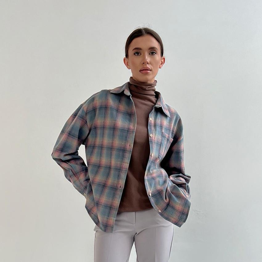 

Повседневное пальто с длинными рукавами, блузка средней длины, свободная женская клетчатая рубашка в стиле Харадзюку, однобортные топы с длинными рукавами, женская мода, топы с отложным воротником L